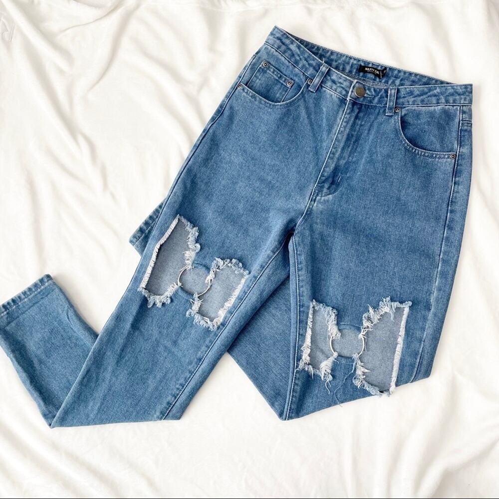 Nasty Gal mom Jeans ripped looped jeans blue denim size 6 destroyed high rise